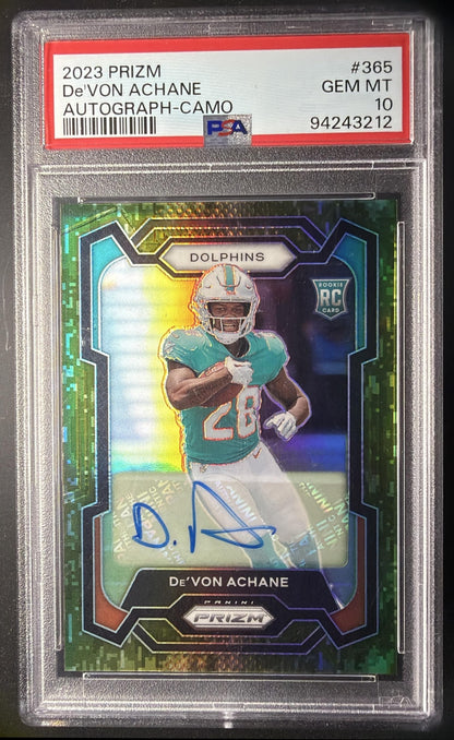 2023 Panini Prizm De'Von Achane #365 Rookie Auto Camo 10/25 RC PSA