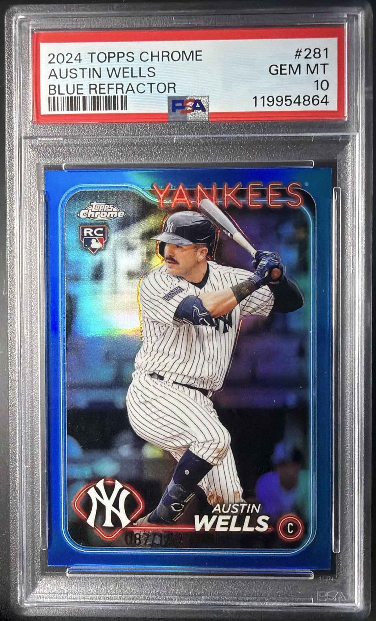 2024 Topps Chrome Austin Wells #281 Blue Refractor /150 RC PSA 10
