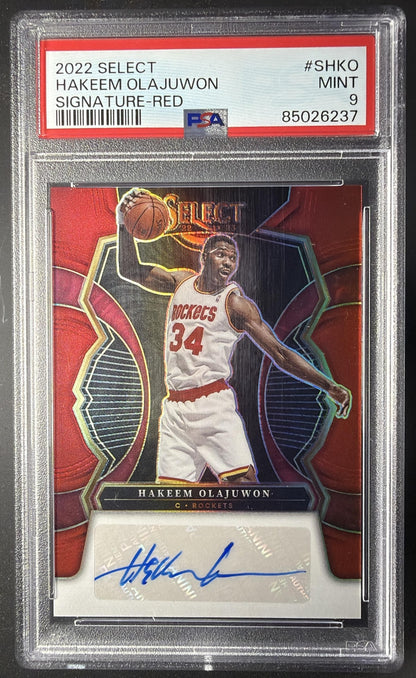 2022 Panini Select Hakeem Olajuwon #S-HKO Signatures Red Prizms /75 Auto PSA 9