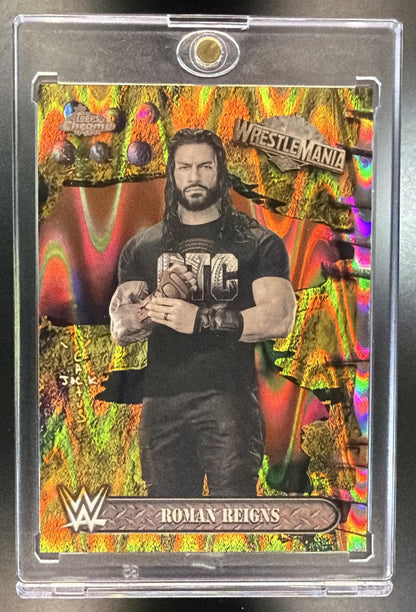 2025 Topps Chrome WWE Cactus Jack x Wrestlemania Roman Reigns #25 Gold Ray Wave Refractor /50
