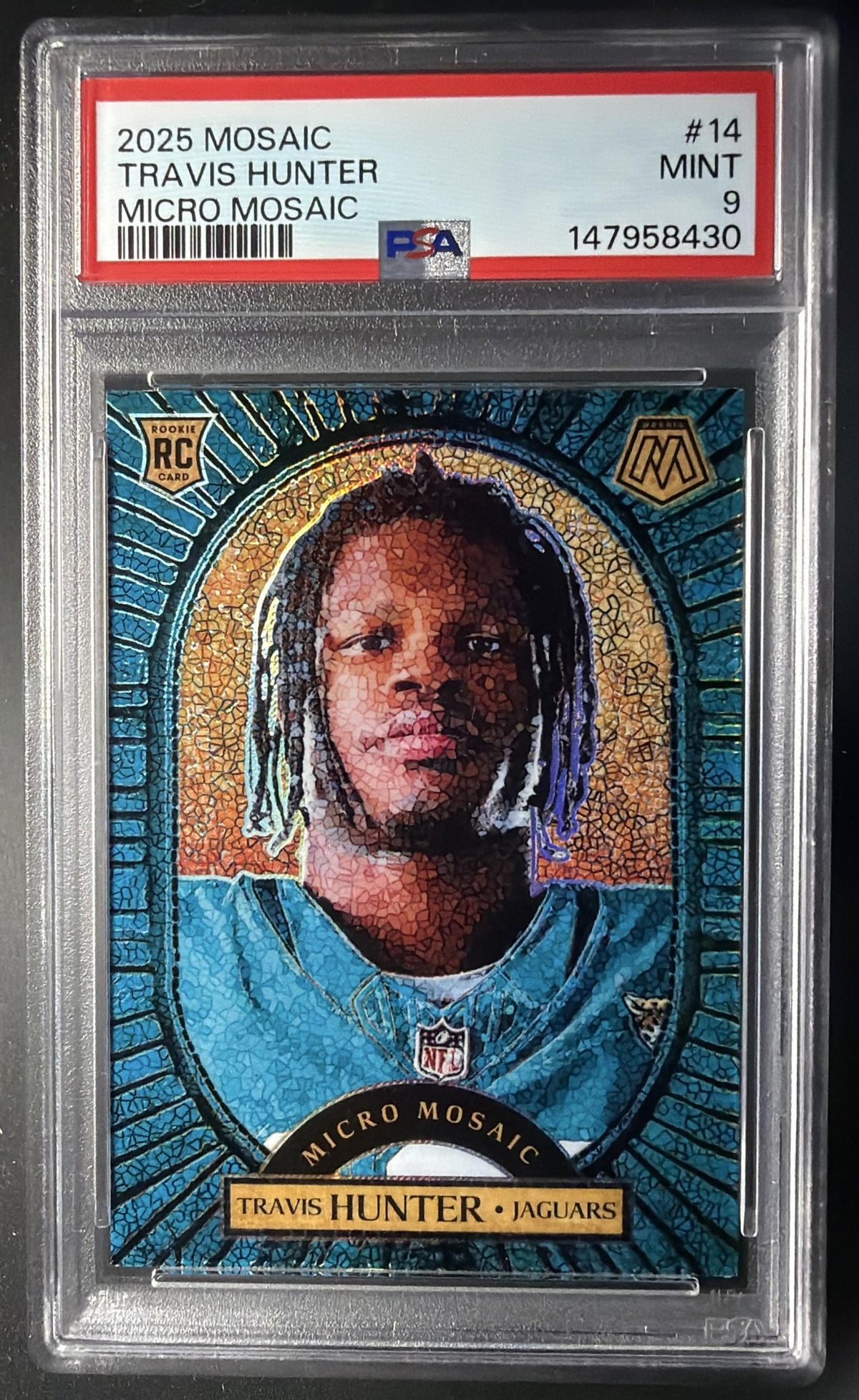 2025 Panini Mosaic Travis Hunter #14 Micro Mosaic RC PSA 9
