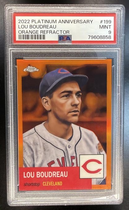 2023 Topps Chrome Platinum Anniversary Lou Boudreau #199 Orange Refractor PSA 9