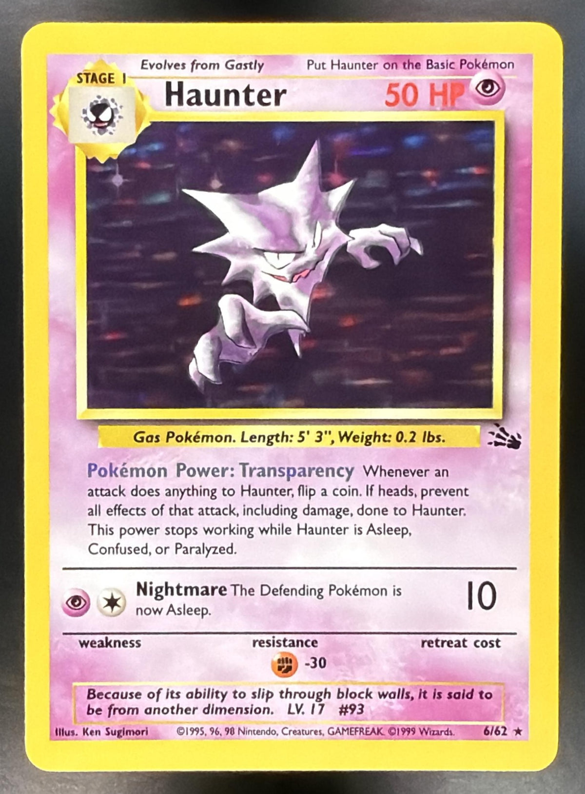 1999 Pokemon Fossil Haunter Unlimited Holo 6/62 NM