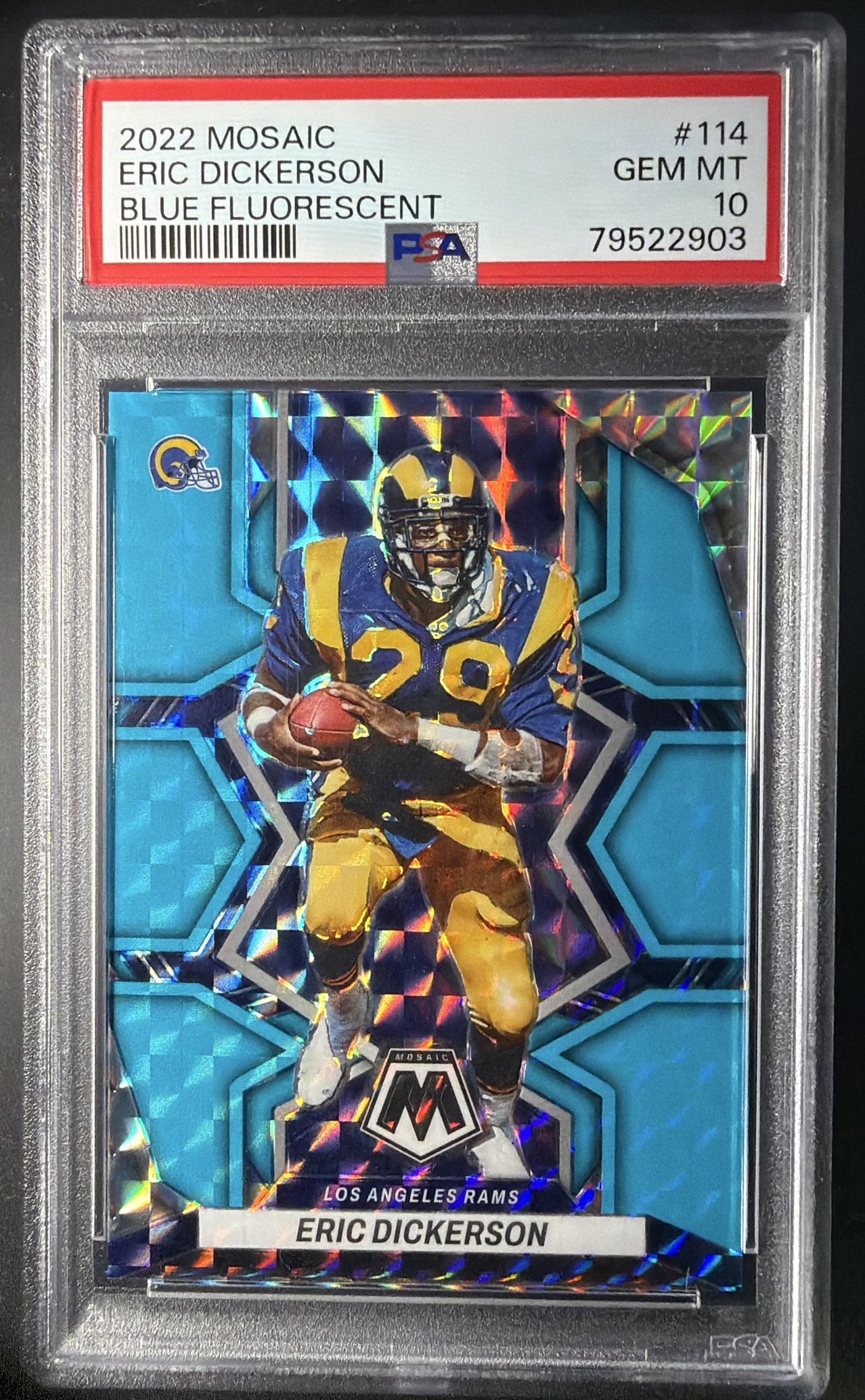2022 Panini Mosaic Eric Dickerson Blue Fluorescent /15 PSA 10