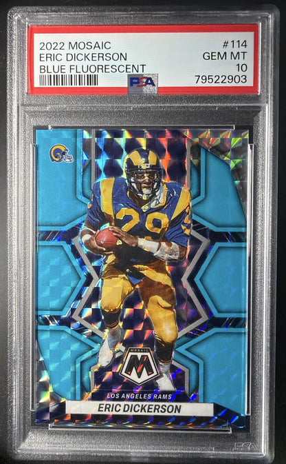 2022 Panini Mosaic Eric Dickerson Blue Fluorescent /15 PSA 10