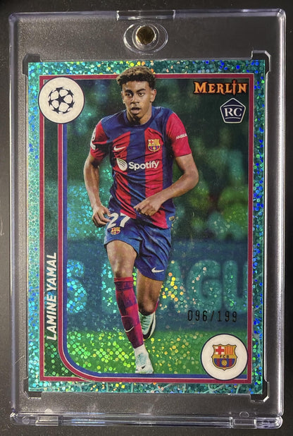 2023 Topps Chrome Merlin UEFA Club Competitions Lamine Yamal #27 Aqua Speckle Refractor /199 RC