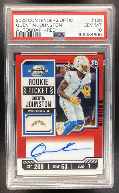 2023 Panini Contenders Optic Quentin Johnston #128 Red /125 Rookie Ticket RPS Auto RC PSA 10