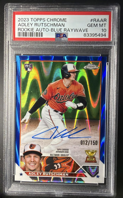 2023 Topps Chrome Adley Rutschman #RA-AR Rookie Auto Blue RayWave Refractor /150 PSA 10