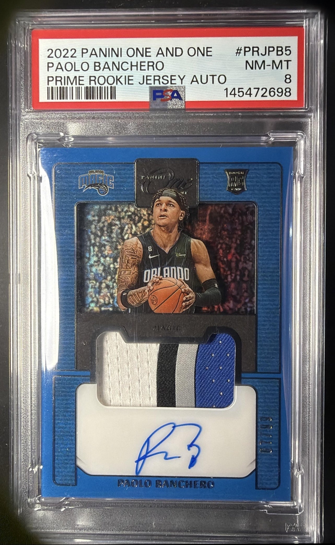 2022 Panini One & One Paolo Banchero #PRJ-PB5 Prime Rookie Patch Auto /99 RC PSA 8