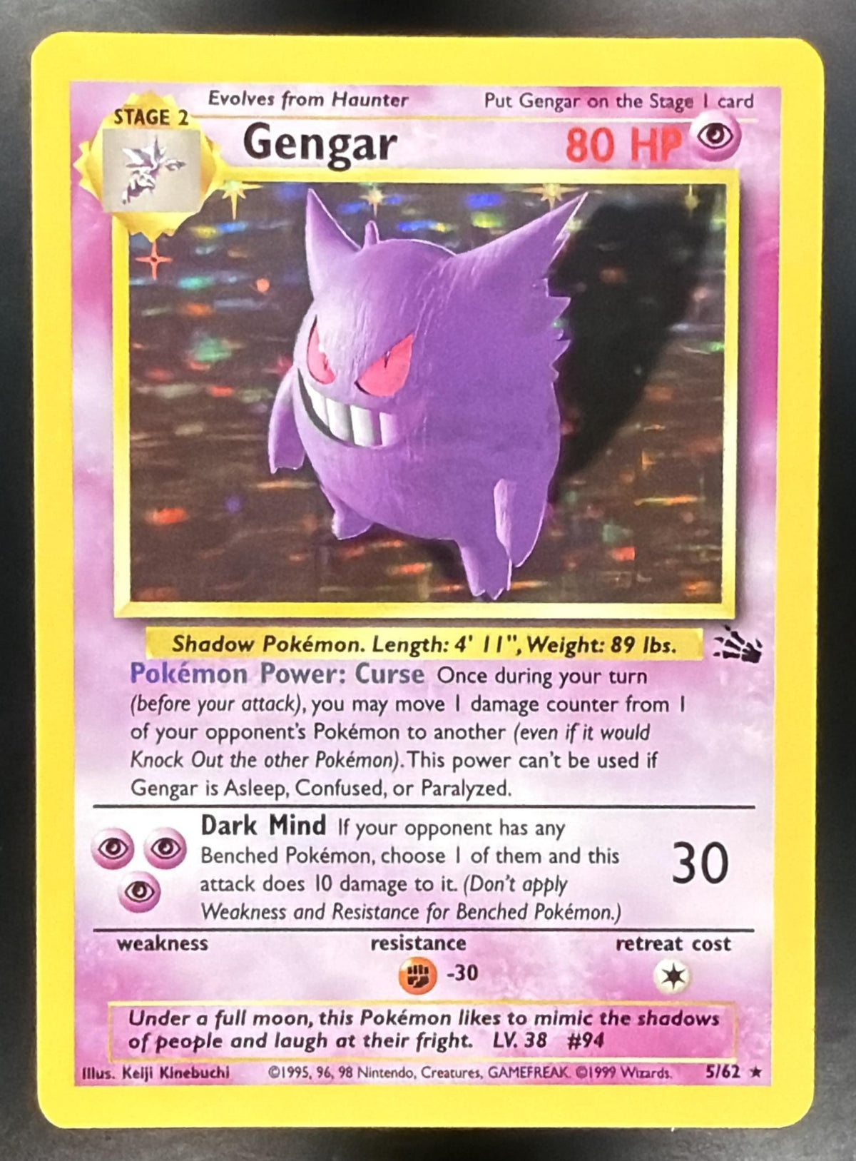 1999 Pokemon Fossil Gengar Unlimited Holo 5/62 LP