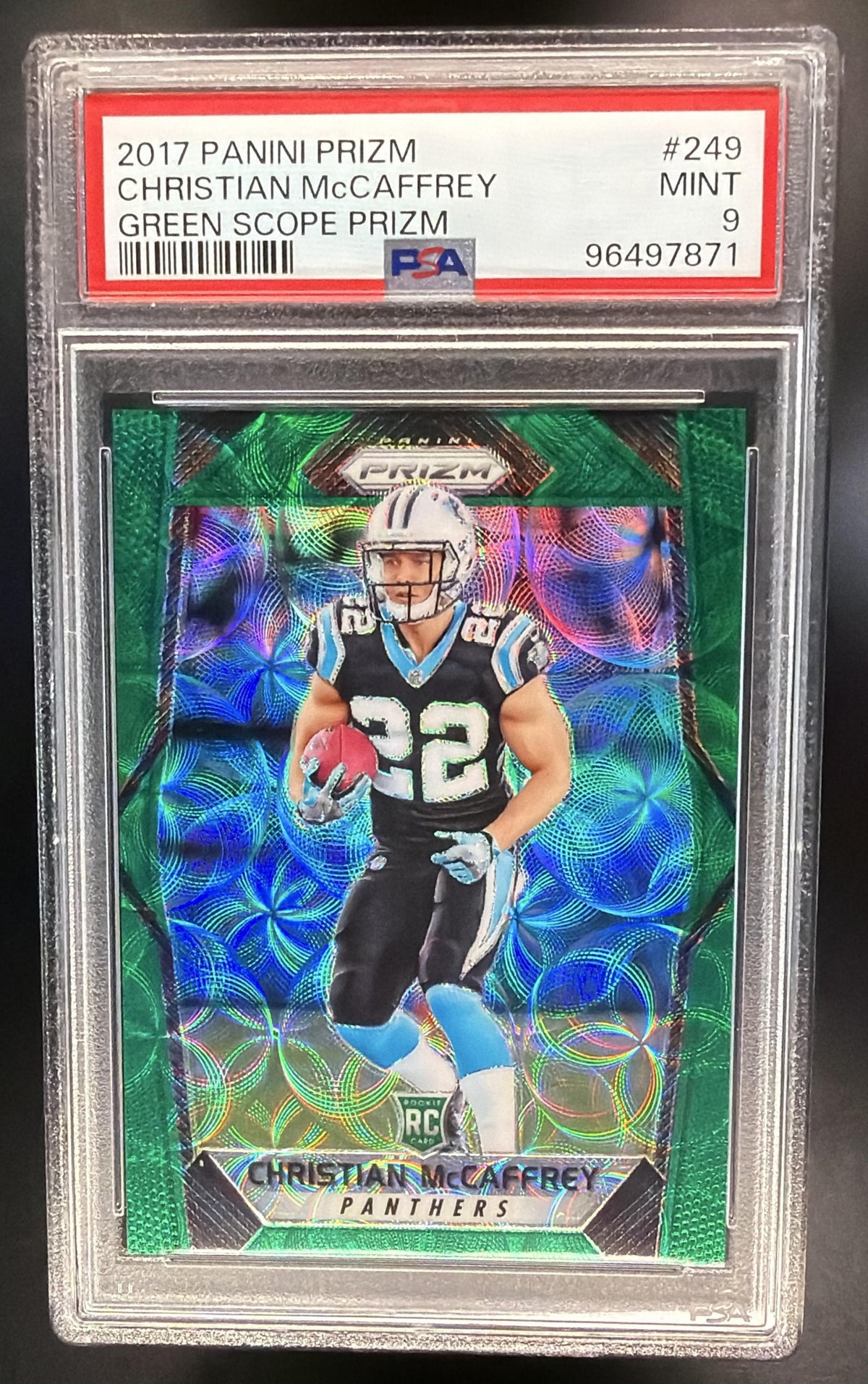 2017 Panini Prizm Christian McCaffrey #249 Green Scope 14/99 RC PSA 9