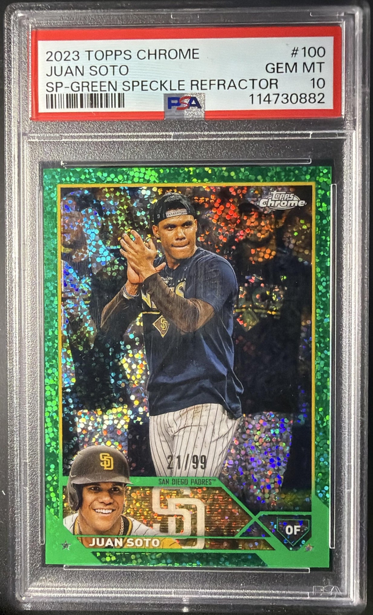 2023 Topps Chrome Juan Soto #100 Image Variation Green Speckle Refractor /99 PSA 10