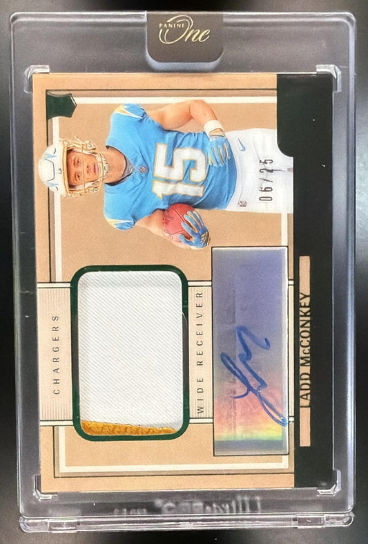 2024 Panini One Ladd McConkey #109 Premium Rookie Patch Auto Green 6/25 MEM RC