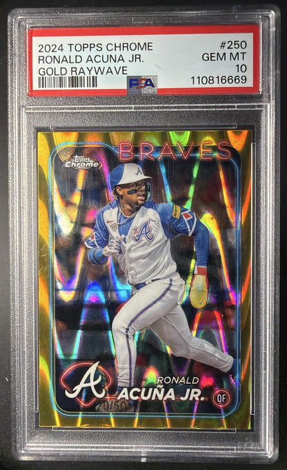 2024 Topps Chrome Ronald Acuna Jr. #250 Gold Raywave Refractor 20/50 PSA 10