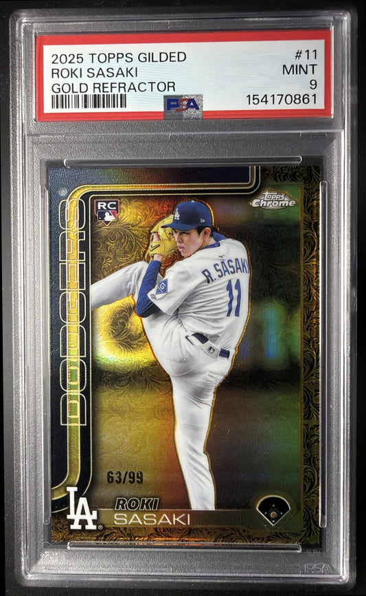 2025 Topps Gilded Collection Roki Sasaki #11 Chrome Gold Refractor /99 RC PSA 9