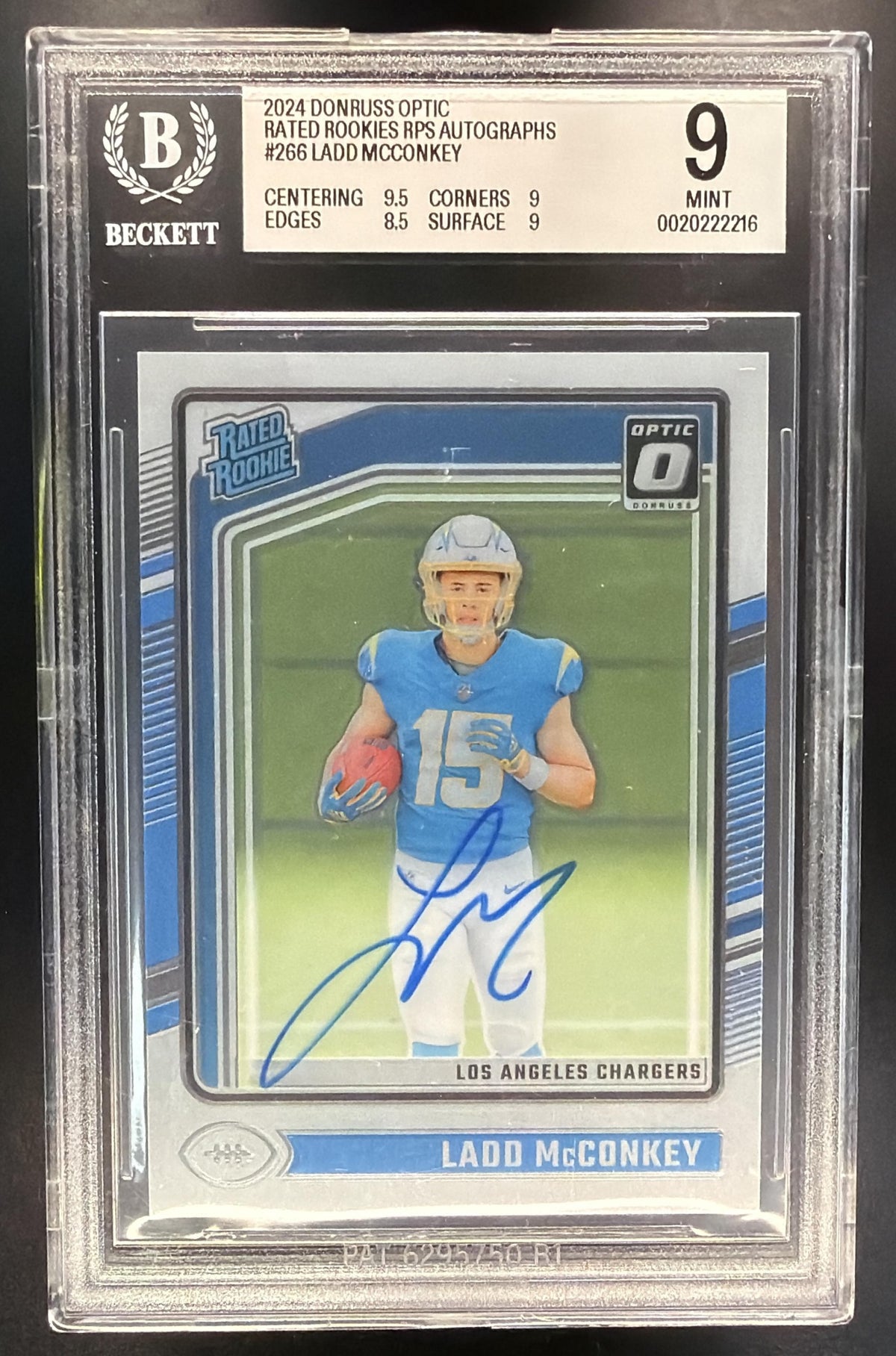 2024 Panini Donruss Optic Ladd McConkey #266 Rated Rookie RPS Auto 5/325 BGS 9