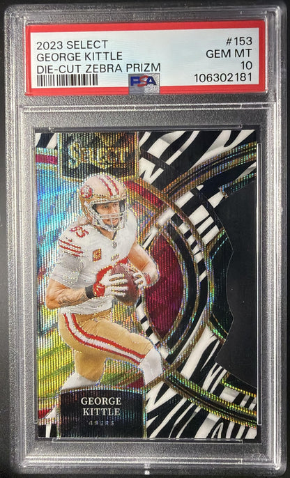 2023 Panini Select George Kittle #153 Zebra Prizm Die Cut SSP Premier Level PSA 10