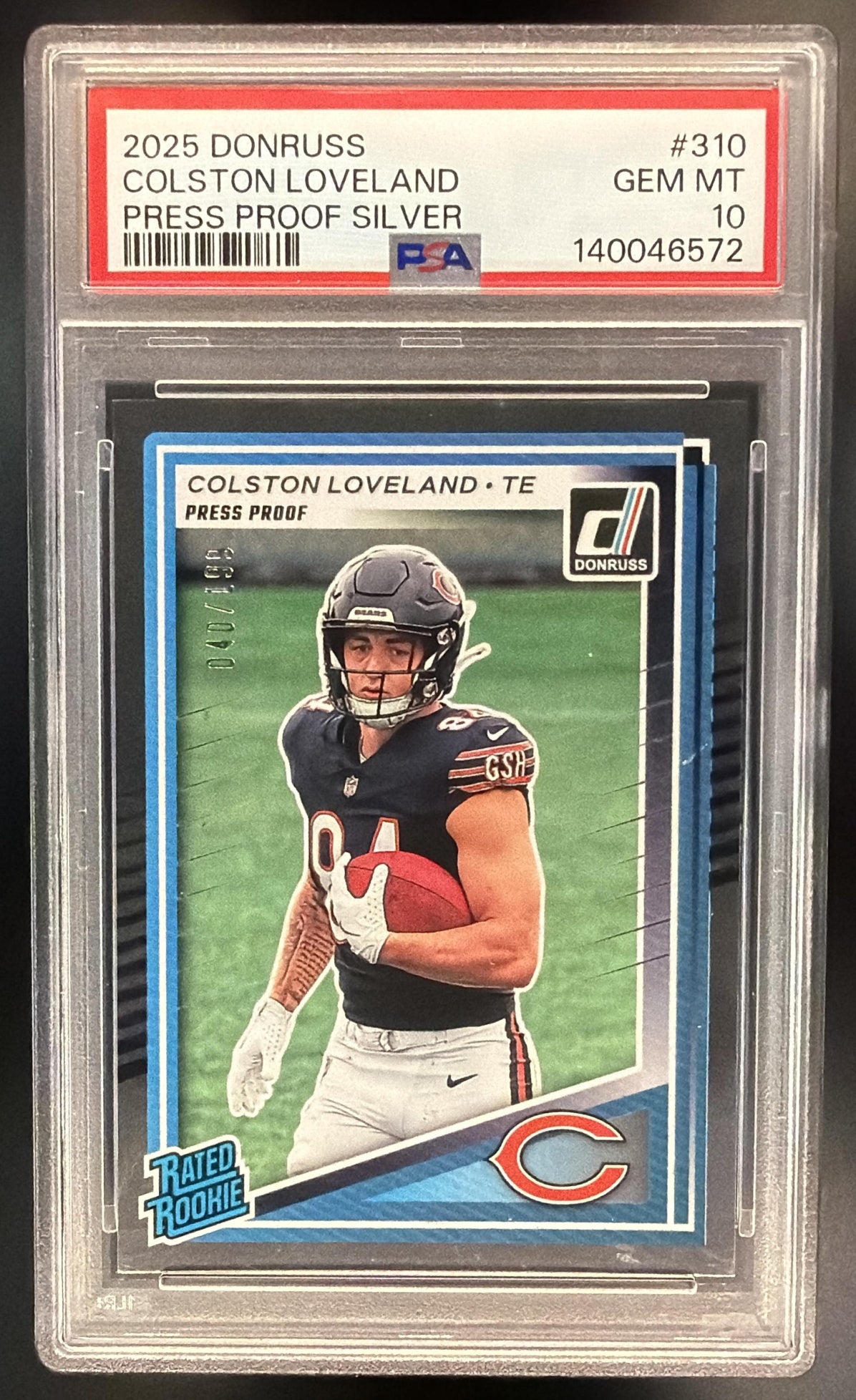 2025 Panini Donruss Colston Loveland #310 Rated Rookie Press Proof Silver /199 RC PSA 10