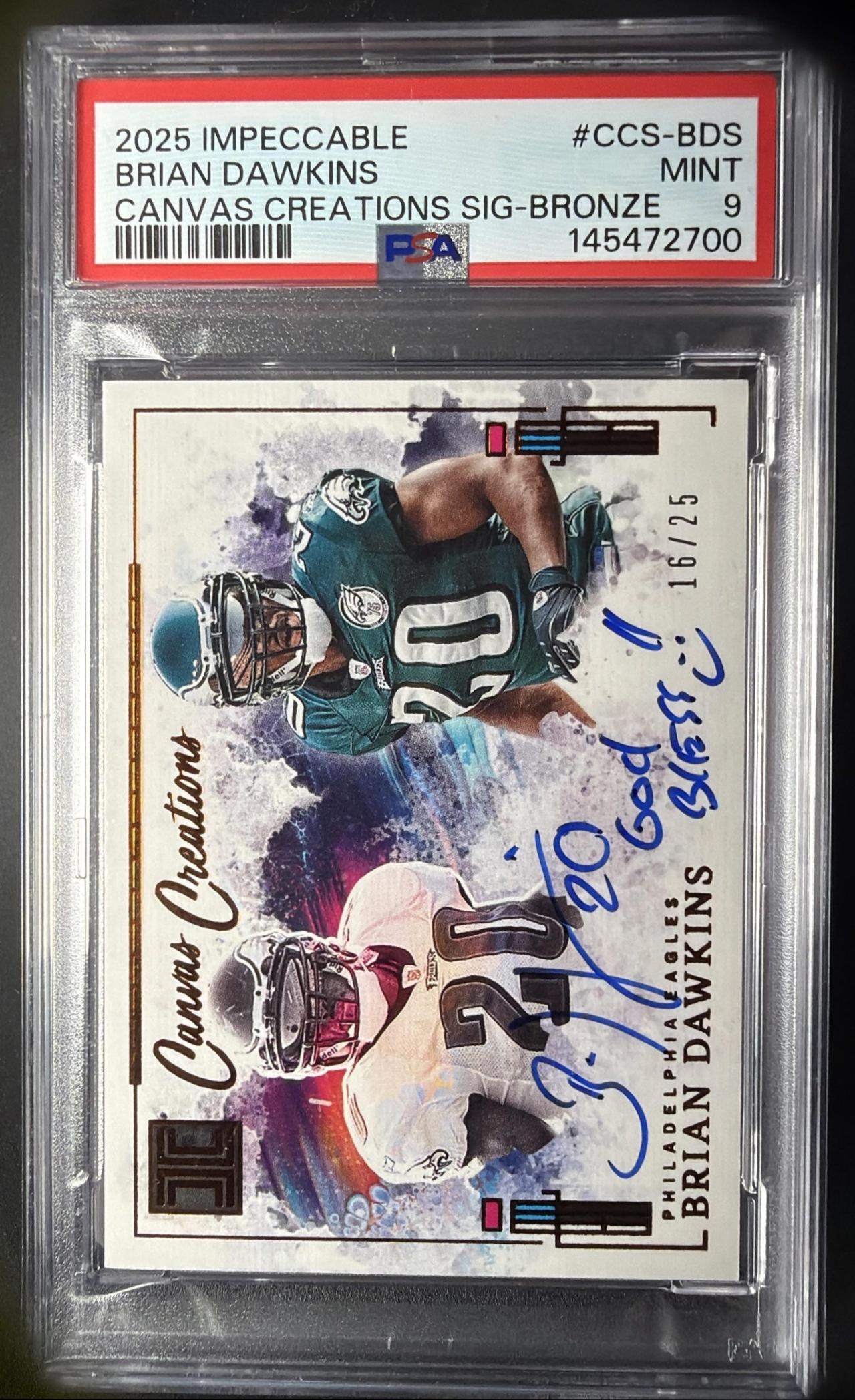 2025 Panini Impeccable Brian Dawkins #CCS-BDS Canvas Creations /25 Auto PSA 9