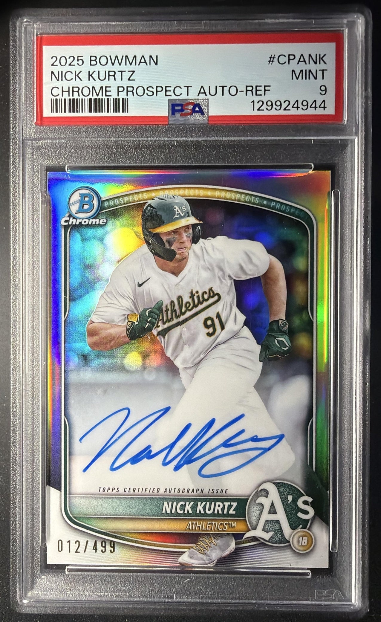 2025 Bowman Nick Kurtz #CPA-NK Chrome Prospect Auto Refractor 12/499 PSA 9