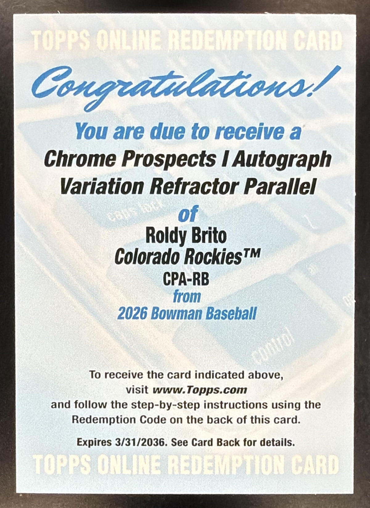 2026 Bowman Baseball Roldy Brito #CPA-RB 1st Refractor Variation Auto Redemtion