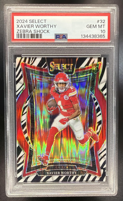 2024 Panini Select Xavier Worthy #32 Concourse Zebra Prizm Shock RC PSA 10