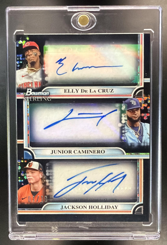 2024 Bowman Sterling Jackson Holliday Junior Caminero Elly De La Cruz #TRA-DCH Triple Refractor Auto Black  /10
