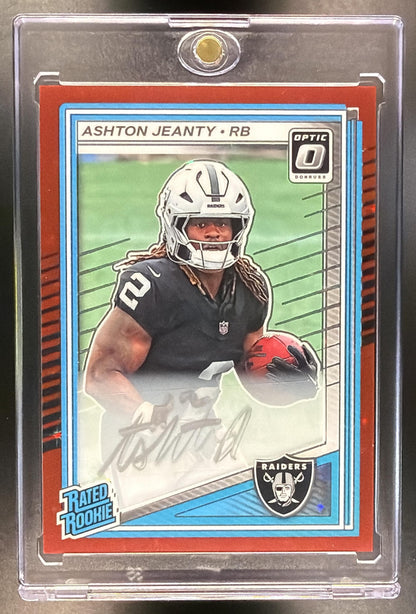2025 Panini Donruss Optic Ashton Jeanty #202 Rated Rookie RPS Auto Red Prizm /50