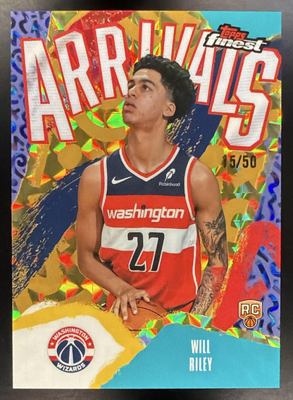 2025-26 Topps Finest Will Riley #A-21 Arrivals Gold Geometric Refractor 15/50 RC