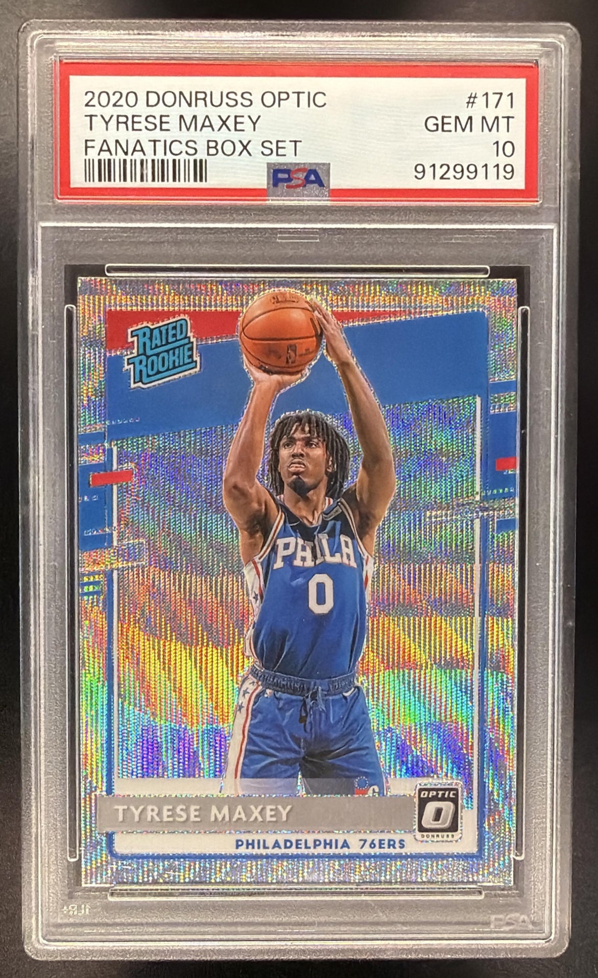 2020 Panini Donruss Optic Tyrese Maxey #171 Fanatics Prizm RC Rated Rookie PSA 10
