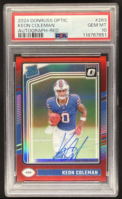 2024 Panini Donruss Optic Keon Coleman #263 Rated Rookie RPS Auto Red /75 PSA 10