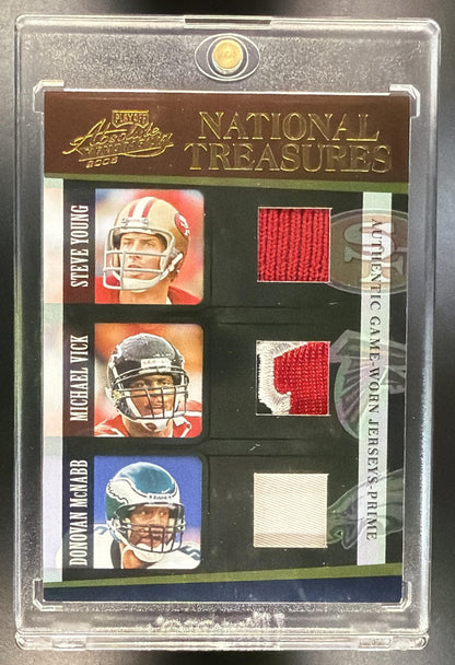 2005 Playoff Absolute Memorabilia Steve Young Michael Vick Donovan McNabb #NT-2 National Treasures /25