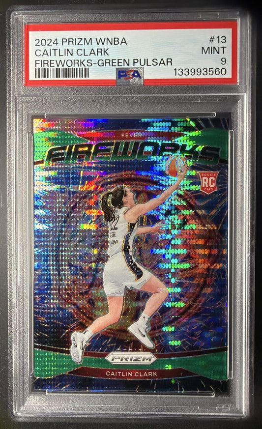 2024 Panini WNBA Prizm Caitlin Clark #13 Fireworks Green Pulsar 14/25 RC PSA 9