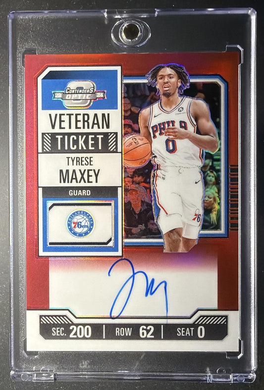 2023-24 Panini Contenders Optic Tyrese Maxey #10 Veteran Ticket Auto Red 46/49