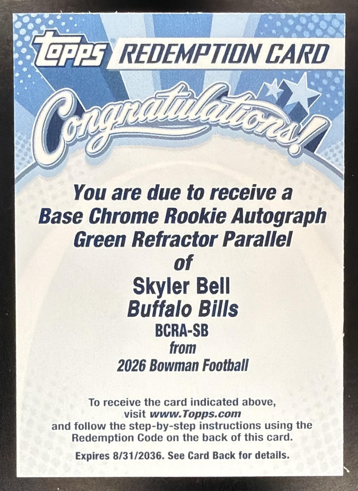2026 Bowman Skyler Bell #BCRA-SB Chrome Auto Green Refractor RC Redemption