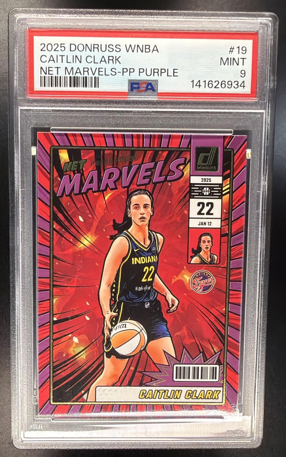 2025 Panini Donruss WNBA Caitlin Clark #19 Net Marvels Press Proof Purple PSA 9