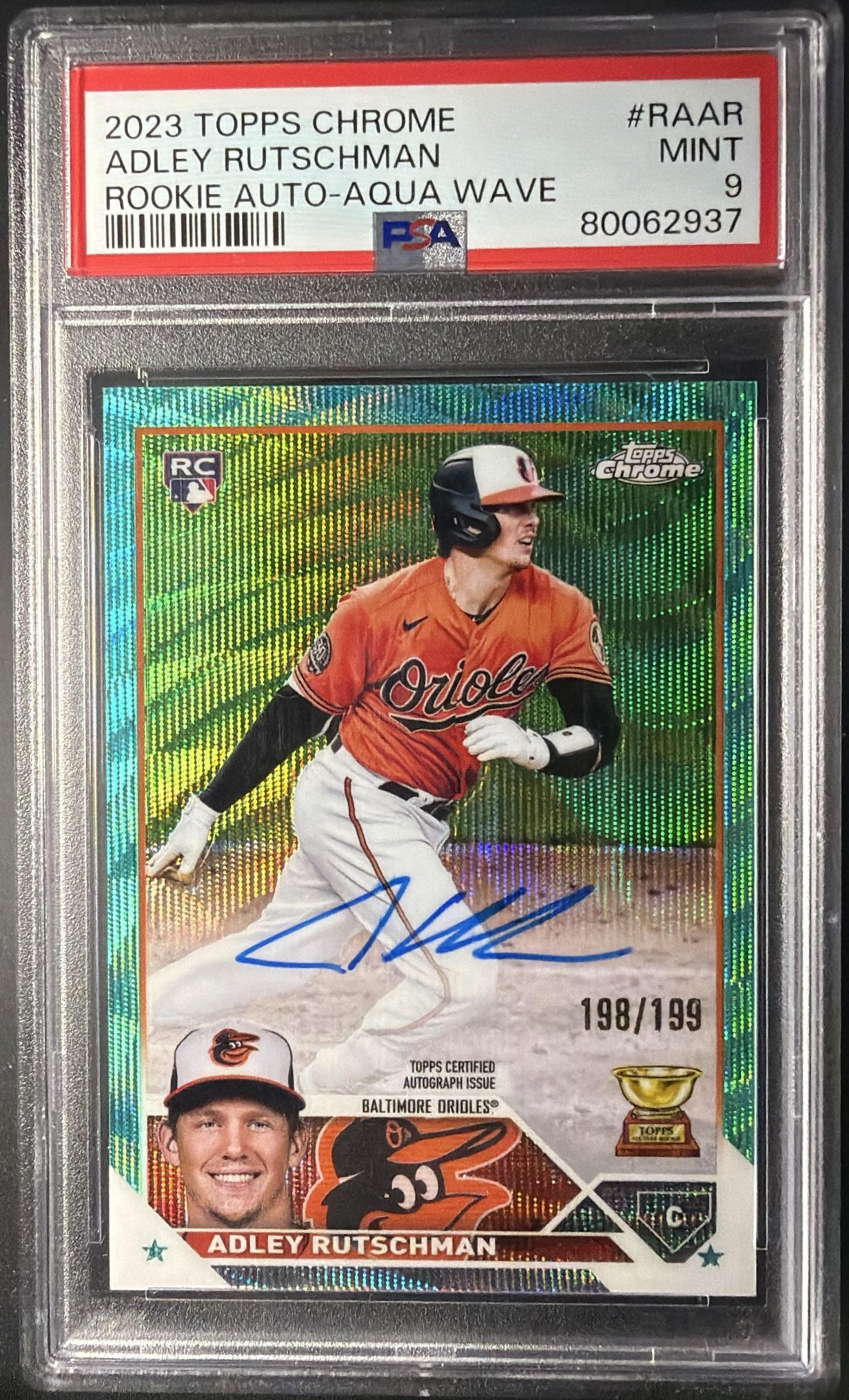 2023 Topps Chrome Adley Rutschman #RA-AR Rookie Auto Aqua Wave Refractor /199 RC PSA 9