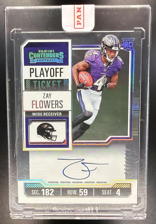 2023 Panini Contenders Zay Flowers #142 Playoff Ticket 87/149 Auto RC