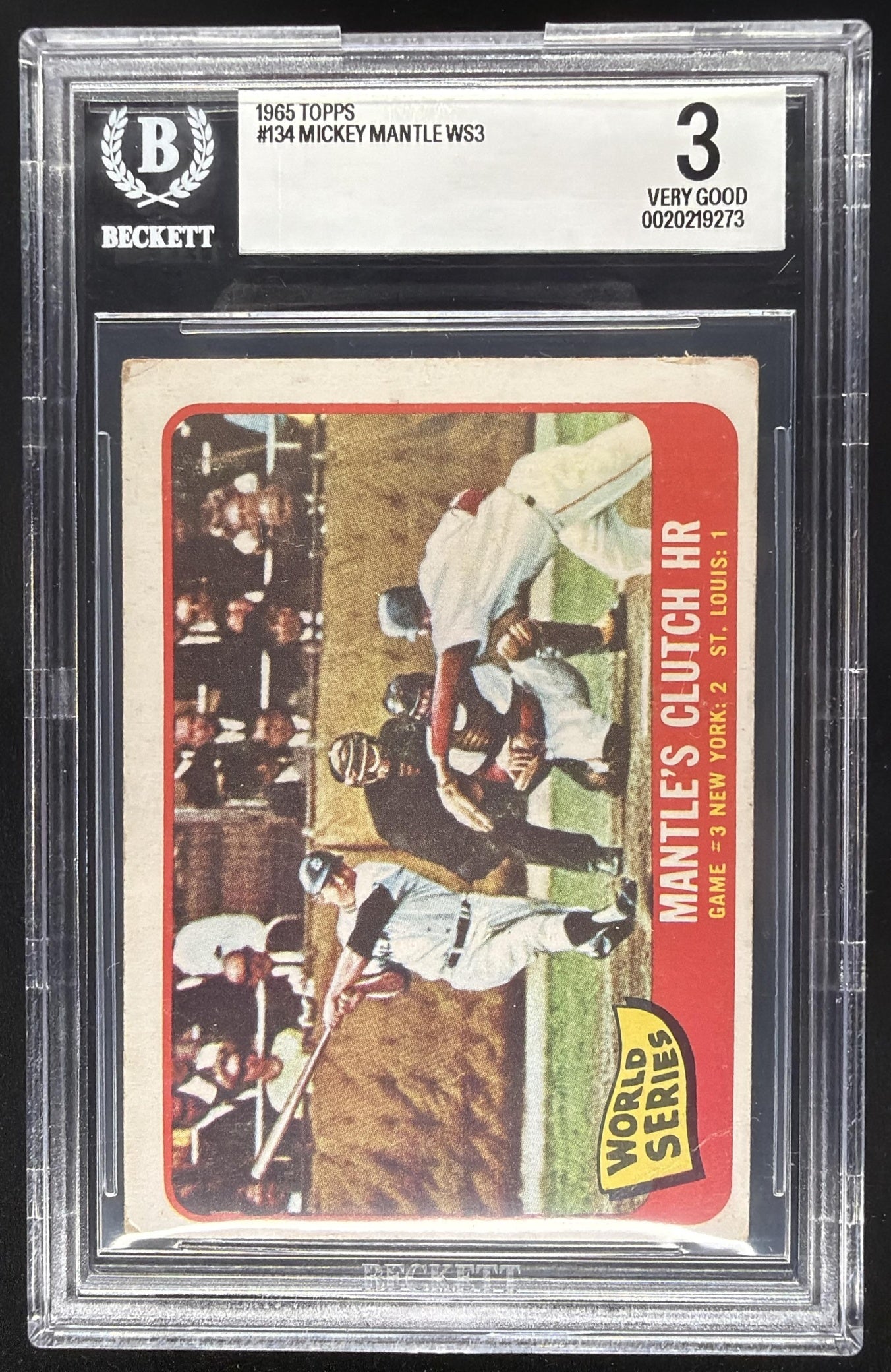 1965 Topps World Series Game #3 Mantle Clutch HR #134 BGS 3