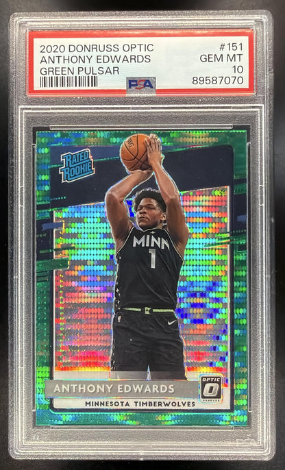 2020-21 Panini Donruss Optic Anthony Edwards #151 Green Pulsar Prizm RC PSA 10