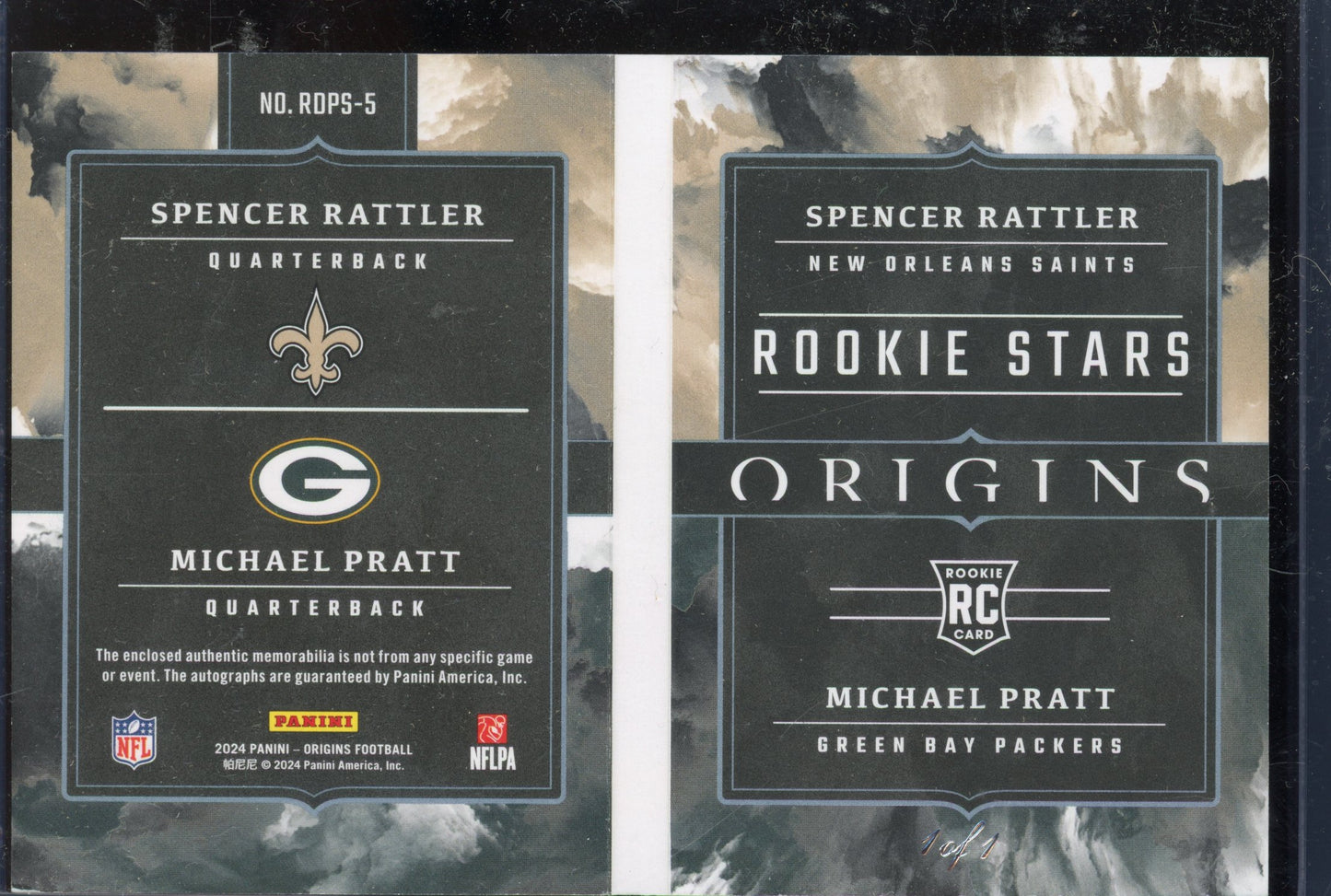 2024 Origins Michael Pratt Spencer Rattler Dual NFL Shield Auto Booklet 1/1 RC