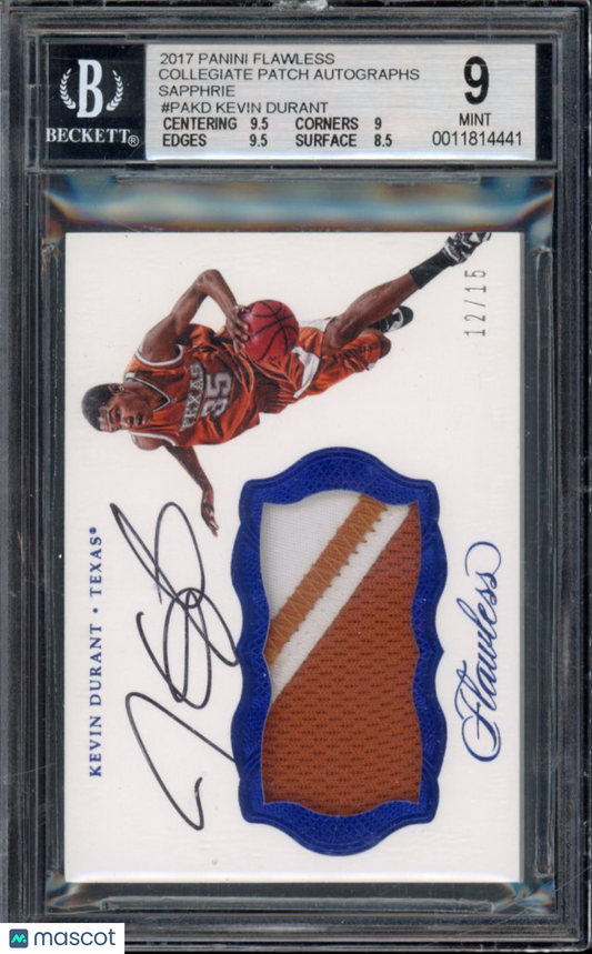 2017-18 Flawless Kevin Durant Collegiate GU Patch Auto Sapphire /15 BGS 9