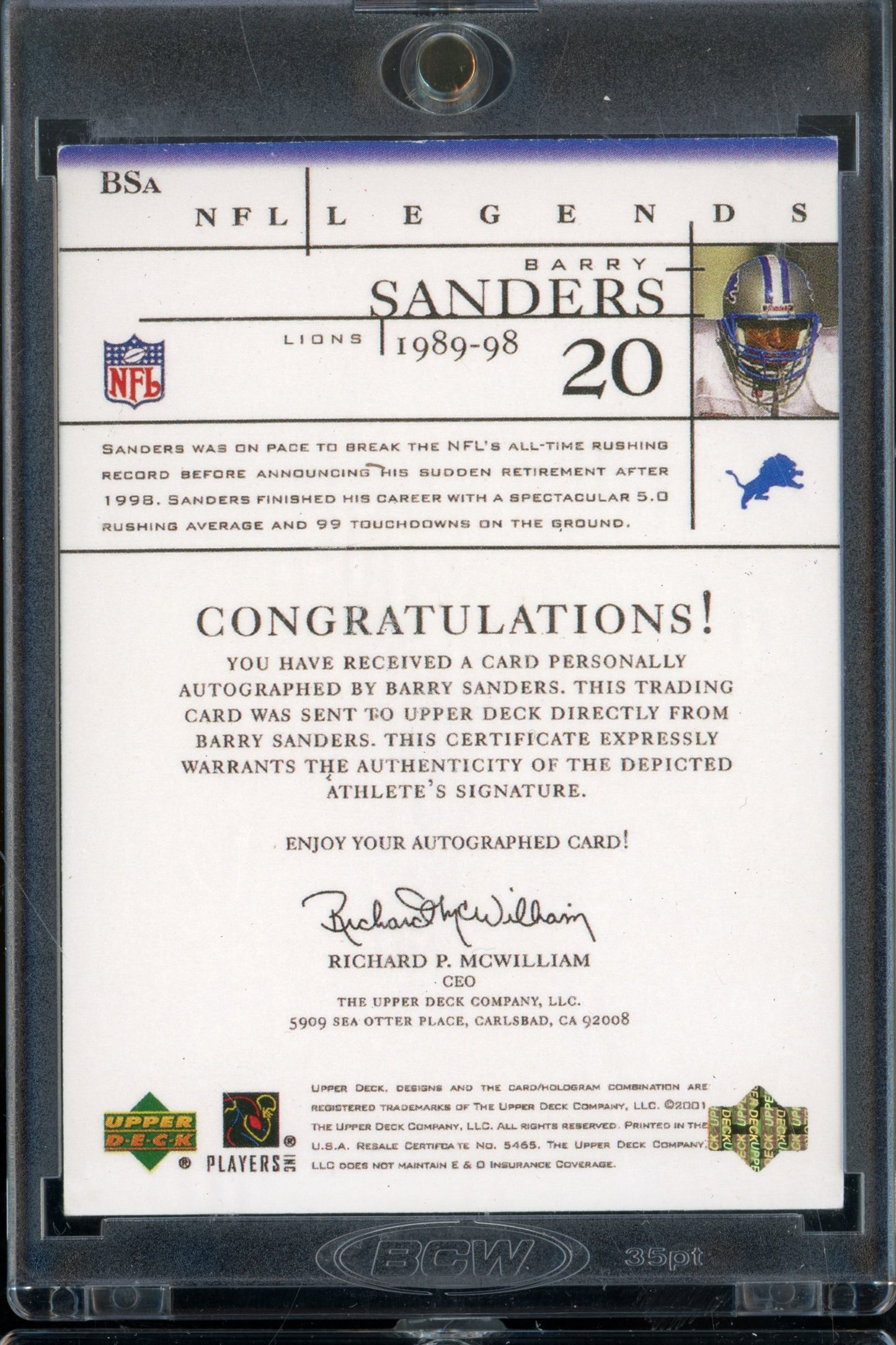 2001 UD Barry Sanders NFL Legends Auto