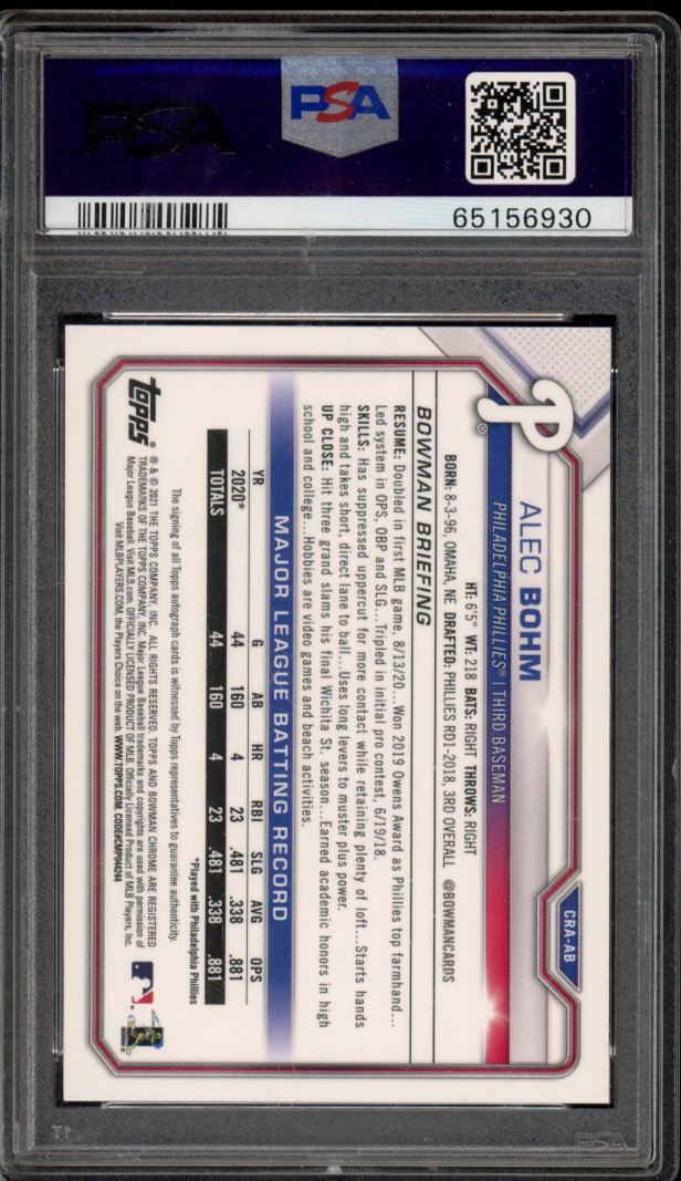 2021 Bowman Chrome Alec Bohm Gold Rookie Auto /50 PSA 9