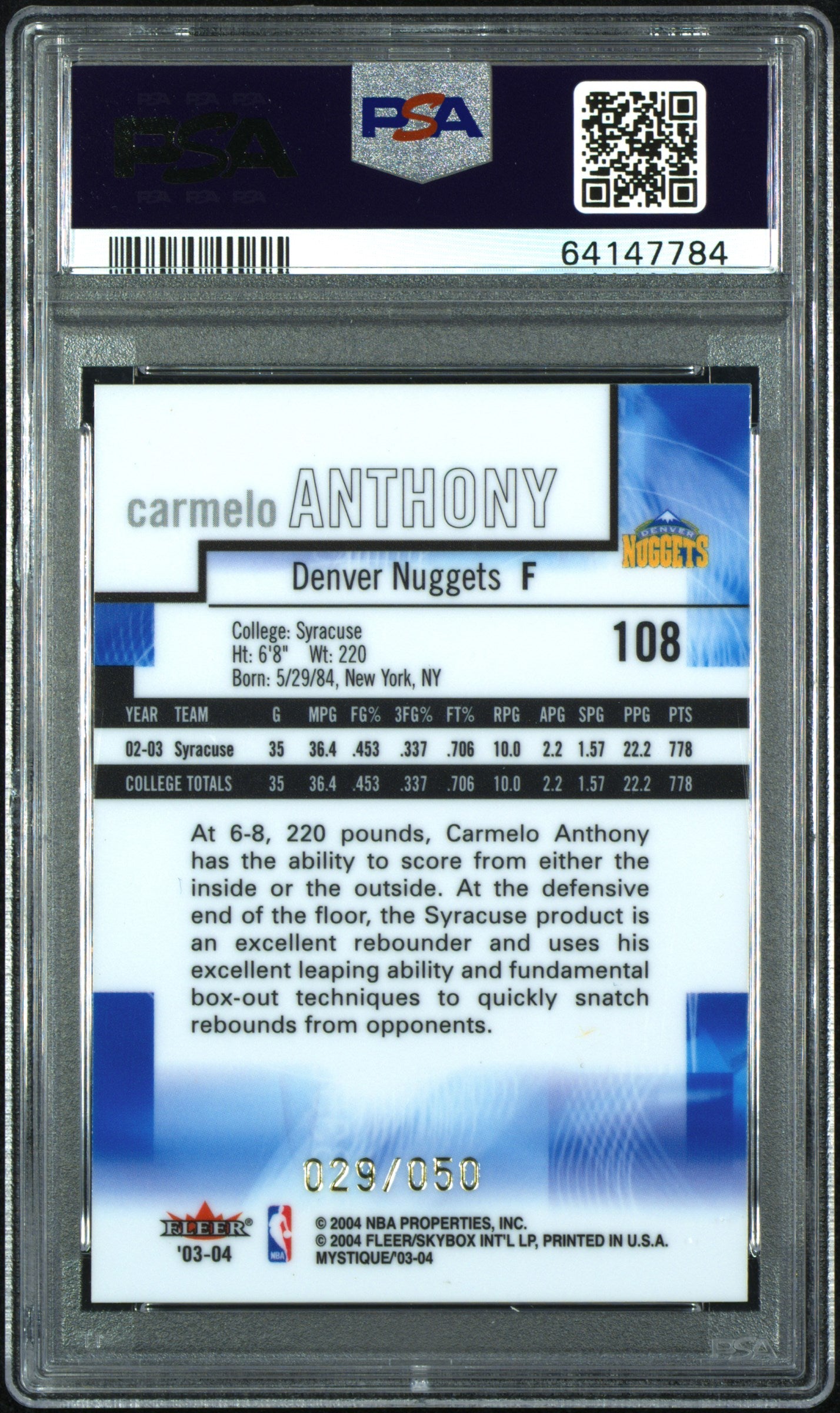 2003-04 Fleer Mystique Carmelo Anthony Gold Rookie /50 PSA 9