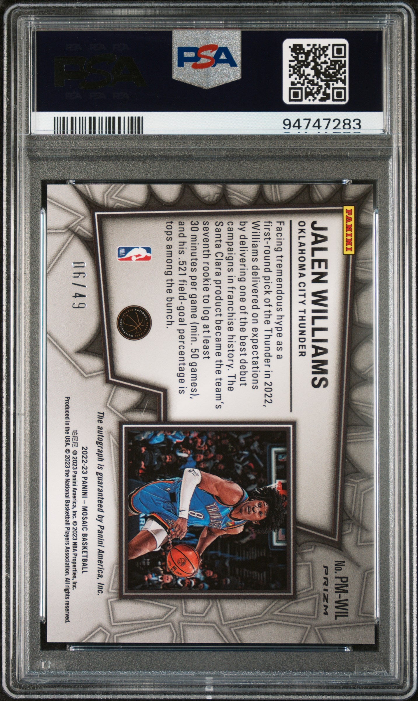 2022 Panini Mosaic Jalen Williams #PM-WIL Mosaic Blue /49 Auto RC PSA 9