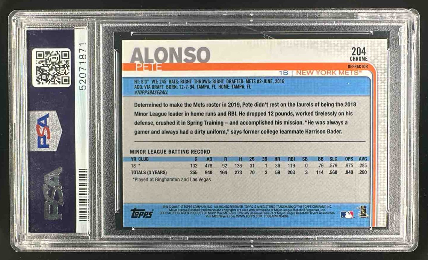 2019 Topps Chrome Pete Alonso #204 X-Fractor RC Mets PSA 10