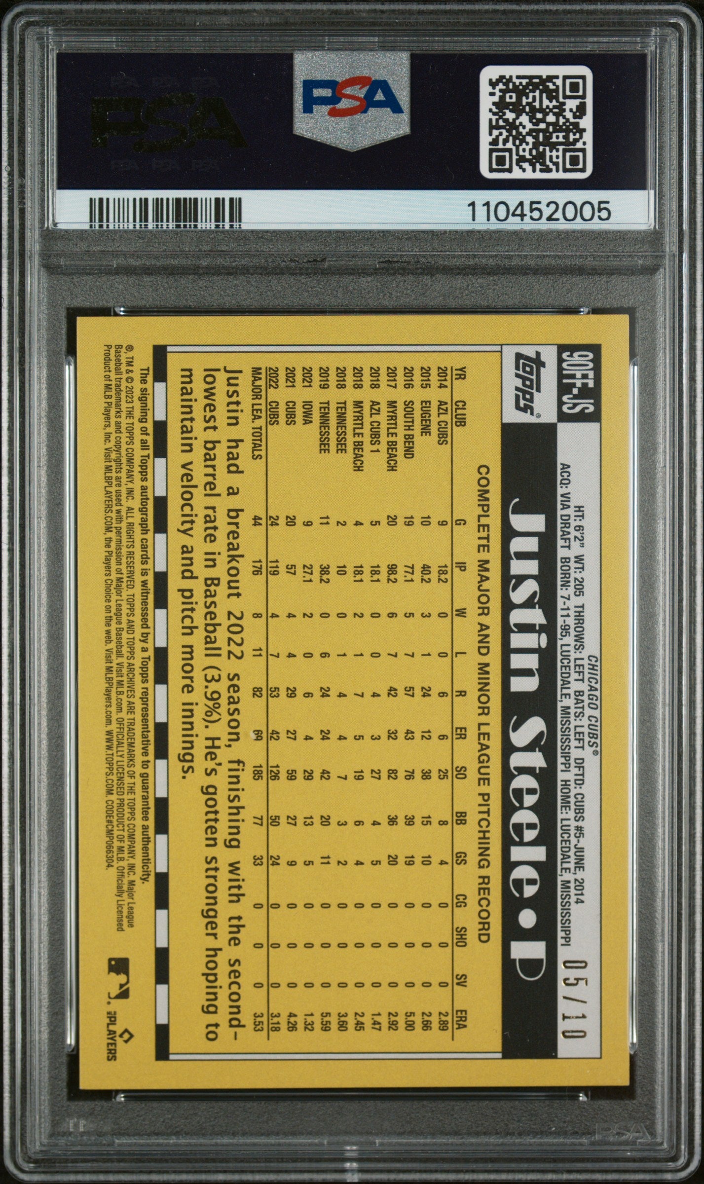 2023 Archives Justin Steele Fan Favorites Auto Red Foil 05/10 PSA 9 RC
