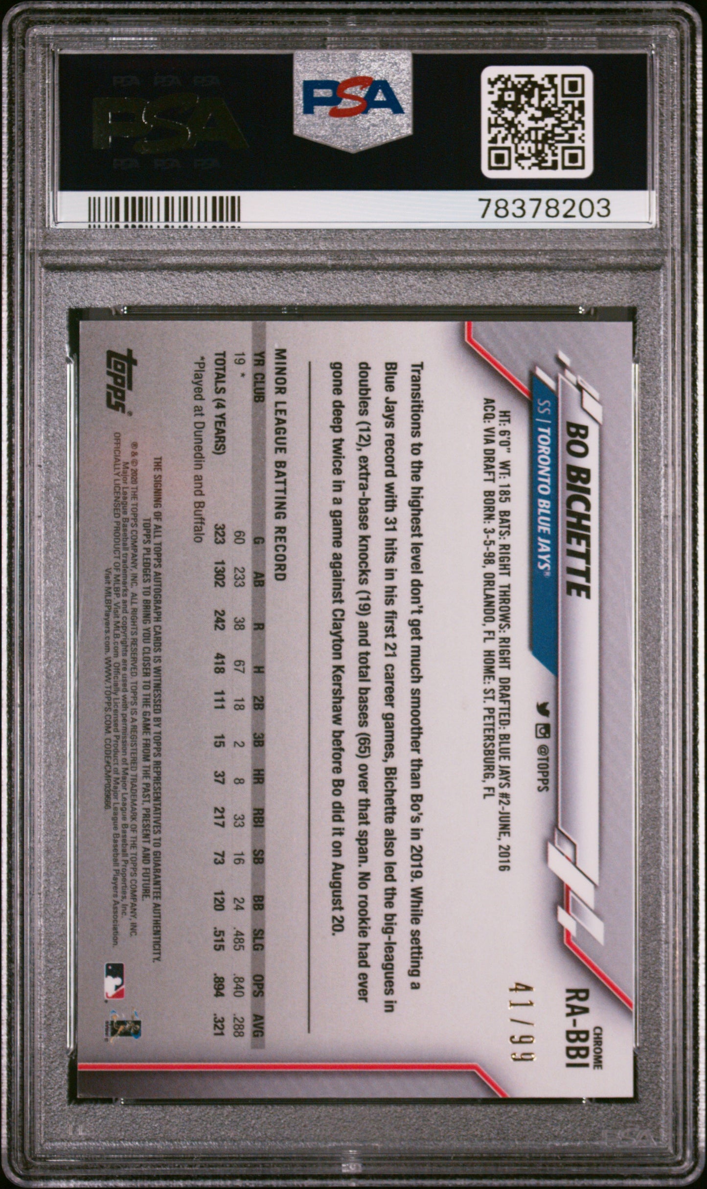 2020 Topps Chrome Bo Bichette Green Refractor Auto 41/99 PSA 9 RC