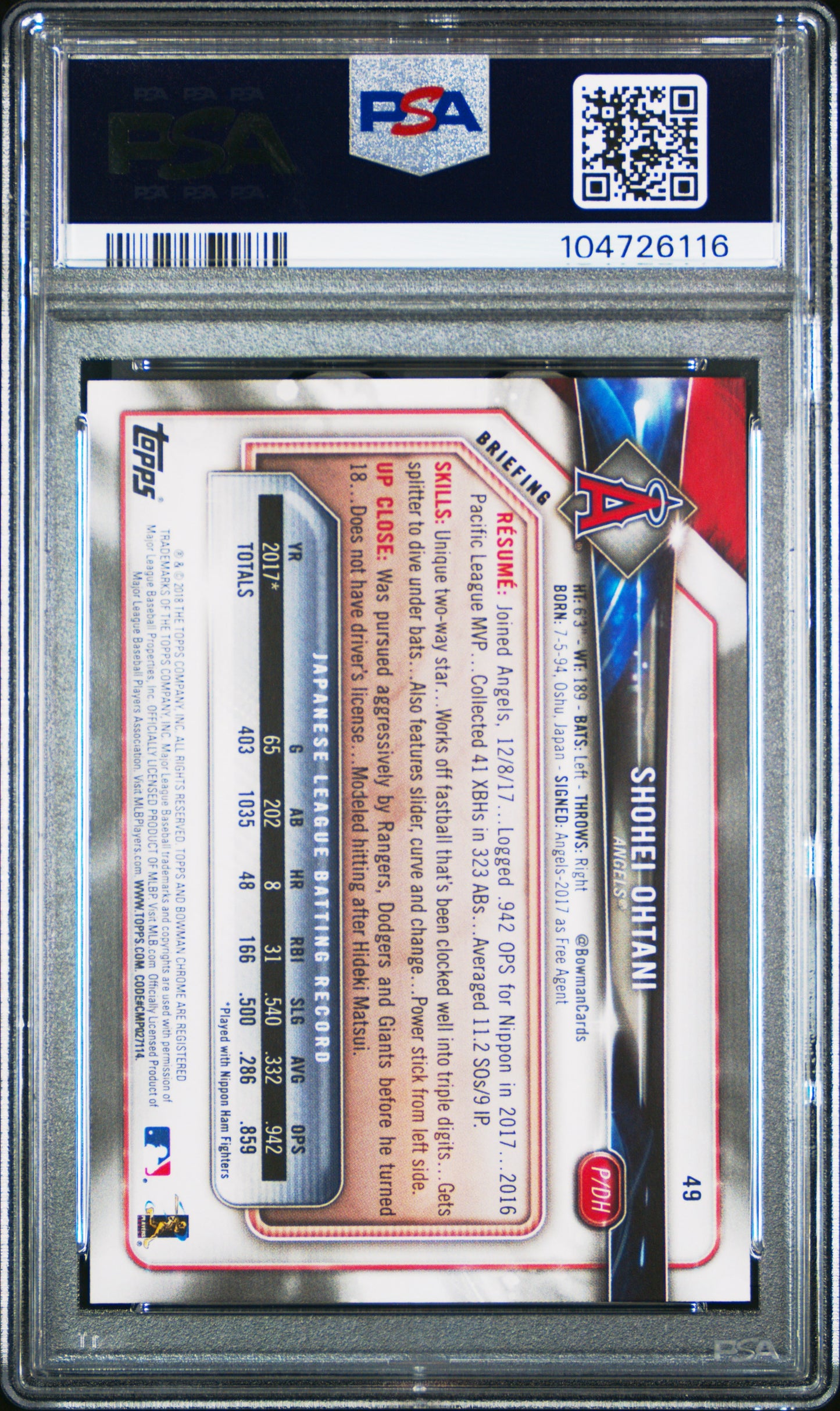 2018 Bowman Shohei Ohtani PSA 9 RC
